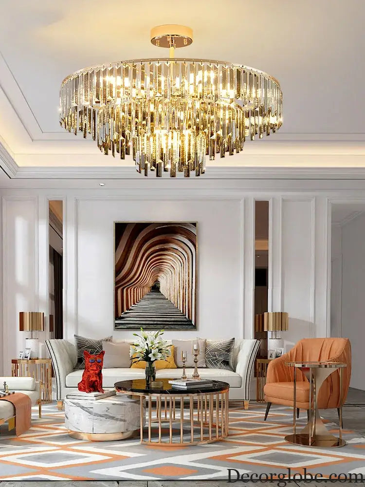 Elegant Modern Crystal Gold Chandelier - Round Smoked Gray Crystal Design - Perfect for Luxury Living Rooms and Bedrooms - DecorGlobe