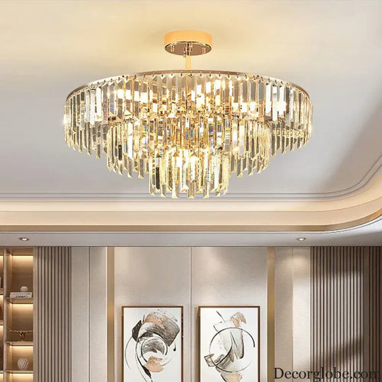 Elegant Modern Crystal Gold Chandelier - Round Smoked Gray Crystal Design - Perfect for Luxury Living Rooms and Bedrooms - DecorGlobe