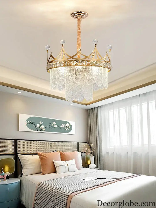 Elegant Modern Minimalist Crown K9 Crystal Chandelier - A Round Golden Fixture for Living Rooms and Bedrooms - DecorGlobe