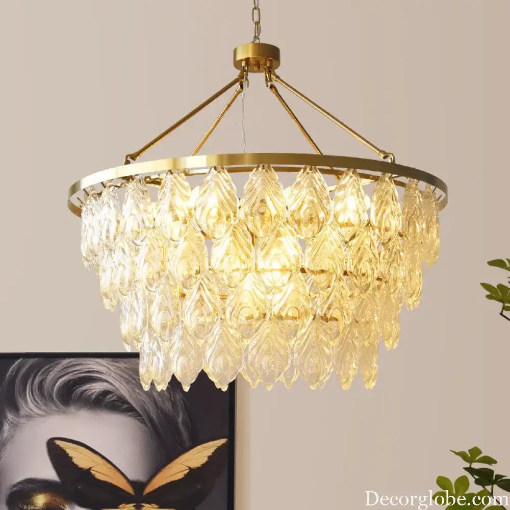Elegant Round Water Drop Golden Chandelier - A Postmodern Light Luxury Fixture for Living Rooms, Bedrooms, and Dining Spaces - DecorGlobe