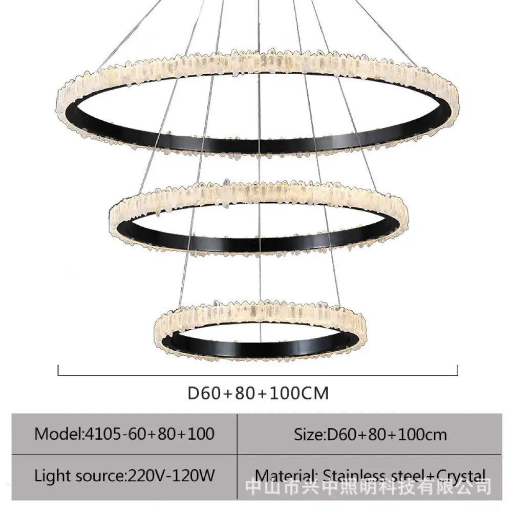 Ellie Modern Black Stainless Steel Natural Crystal Chandelier D60 + D80 + D100 Three Layers Chandelier