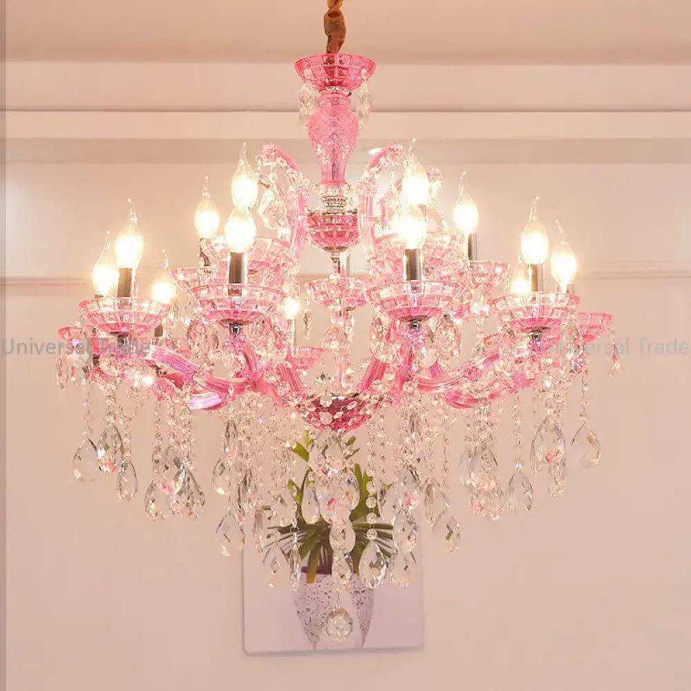 European Princess Crystal Chandelier - Choose from Warm Pink, Blue, Purple, or Red for Creative Room Decor - DecorGlobe