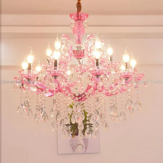 European Princess Crystal Chandelier - Choose from Warm Pink, Blue, Purple, or Red for Creative Room Decor - DecorGlobe