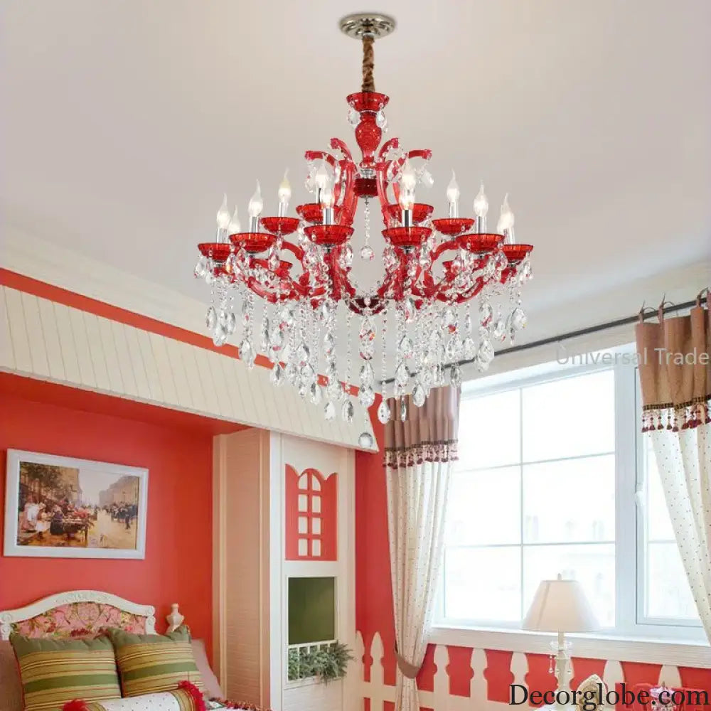 European Princess Crystal Chandelier - Choose from Warm Pink, Blue, Purple, or Red for Creative Room Decor - DecorGlobe