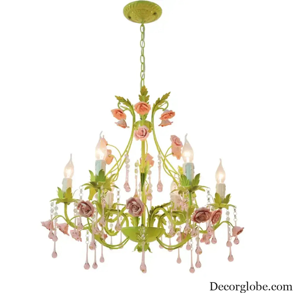European Rose Flower Chandelier - Green Lustre Light in 6L/8L/12L Sizes, E14 Decoration Light Fixture in Pink - DecorGlobe