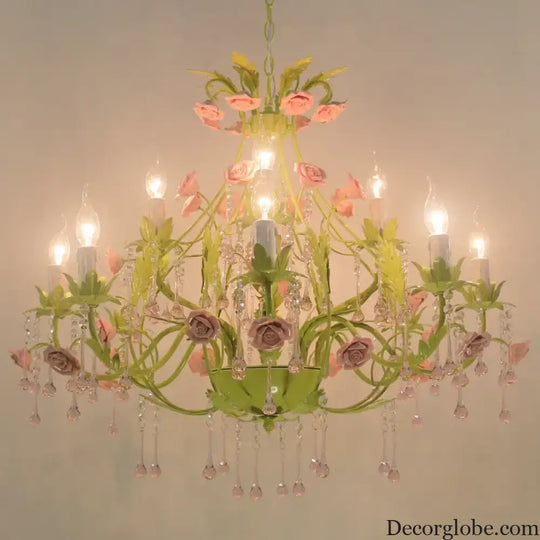 European Rose Flower Chandelier - Green Lustre Light in 6L/8L/12L Sizes, E14 Decoration Light Fixture in Pink - DecorGlobe