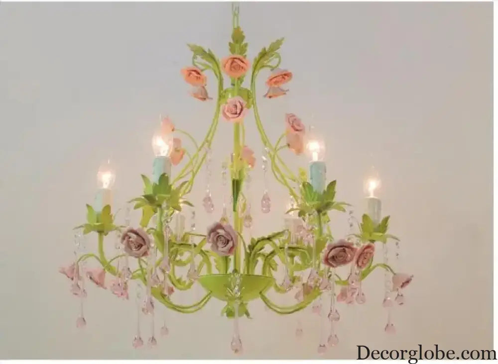 European Rose Flower Chandelier - Green Lustre Light in 6L/8L/12L Sizes, E14 Decoration Light Fixture in Pink - DecorGlobe
