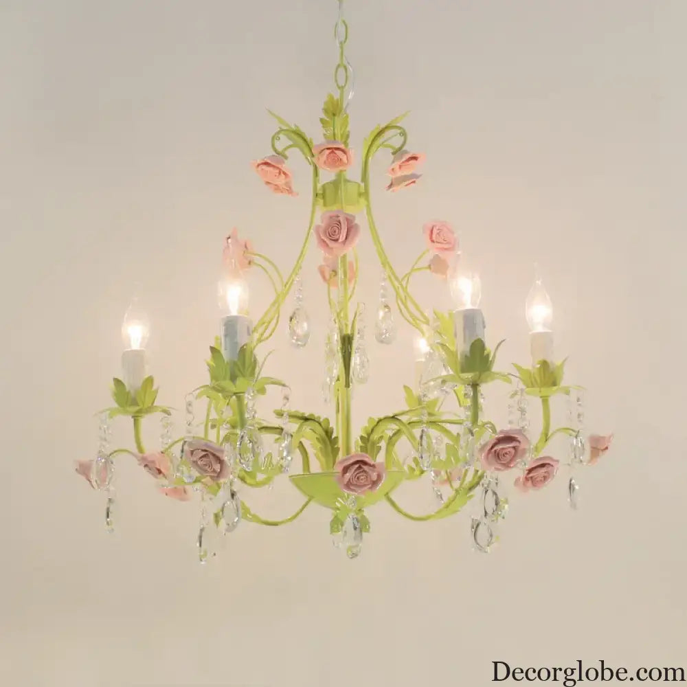 European Rose Flower Chandelier - Green Lustre Light in 6L/8L/12L Sizes, E14 Decoration Light Fixture in Pink - DecorGlobe