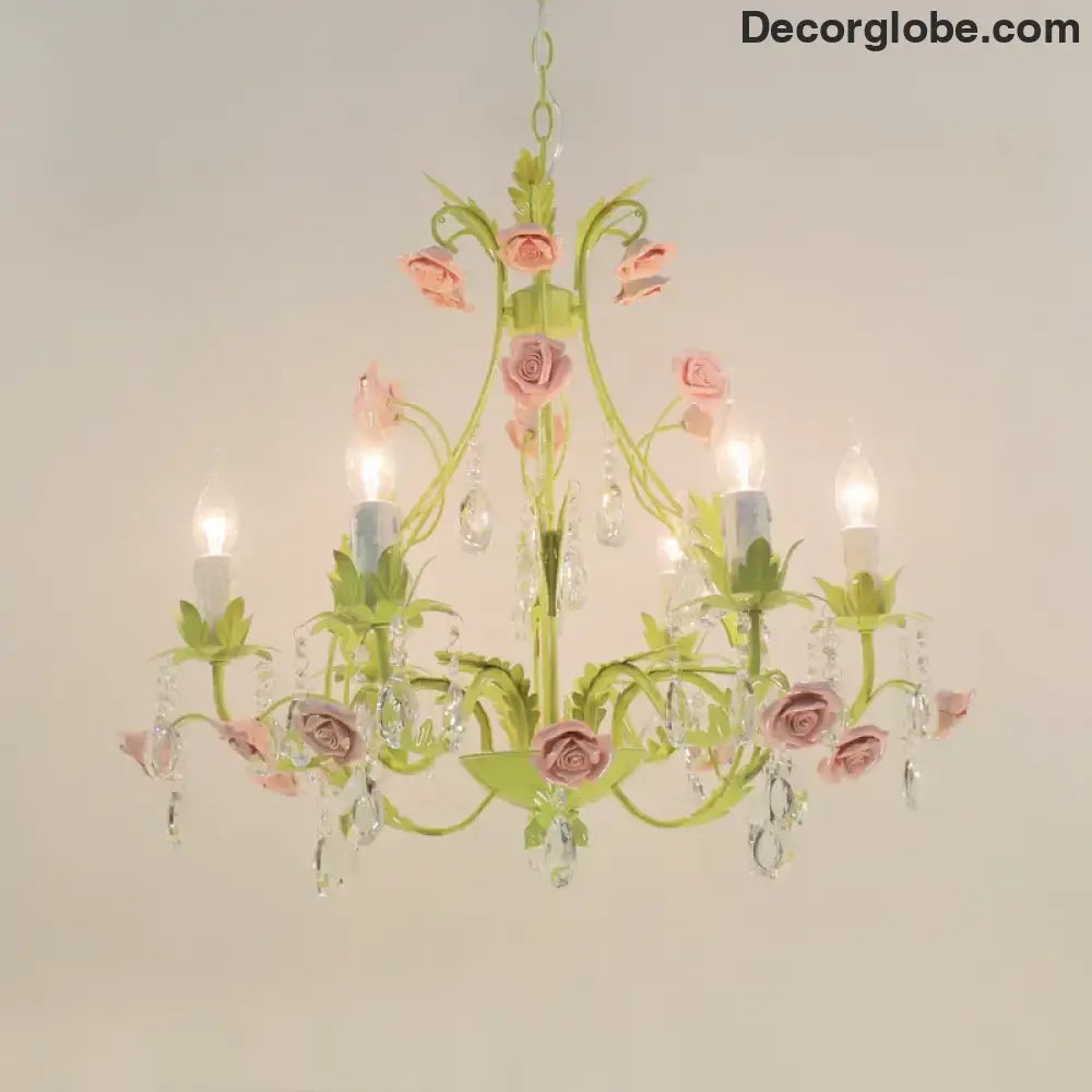 European Rose Flower Chandelier - Green Lustre Light in 6L/8L/12L Sizes, E14 Decoration Light Fixture in Pink - DecorGlobe