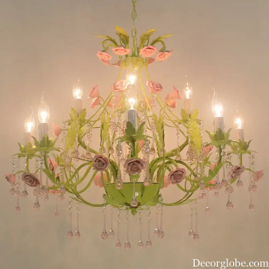 European Rose Flower Chandelier - Green Lustre Light in 6L/8L/12L Sizes, E14 Decoration Light Fixture in Pink - DecorGlobe