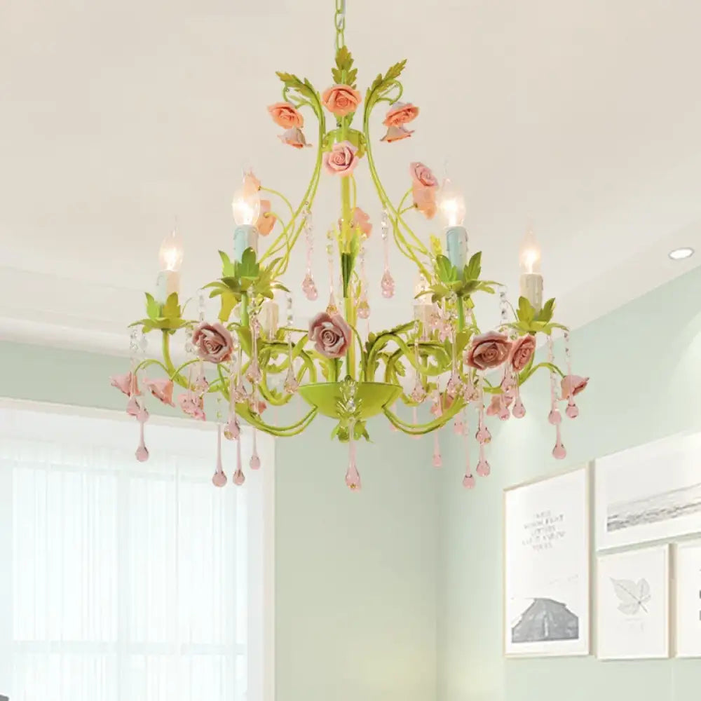 European Rose Flower Chandelier - Green Lustre Light in 6L/8L/12L Sizes, E14 Decoration Light Fixture in Pink - DecorGlobe