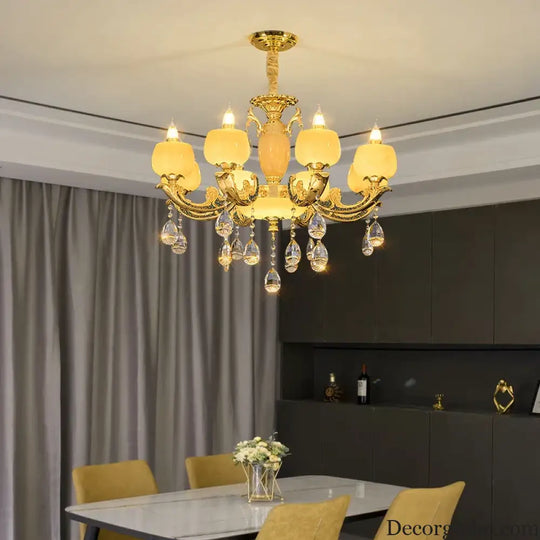 European Style Jade Crystal Chandelier - Luxury Lighting with Natural Marble Accents for Dining Rooms, Bedrooms, and Living Spaces - DecorGlobe