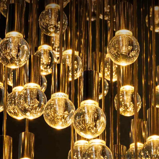 Exquisite Modern Long Staircase Chandelier - Large Gold LED Luxury Crystal Ball Fixture for Grand Living Spaces and Hotel Exhibitions - DecorGlobe