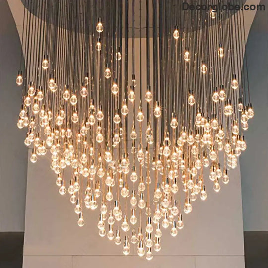 Exquisite Modern Long Staircase Chandelier - Large Gold LED Luxury Crystal Ball Fixture for Grand Living Spaces and Hotel Exhibitions - DecorGlobe