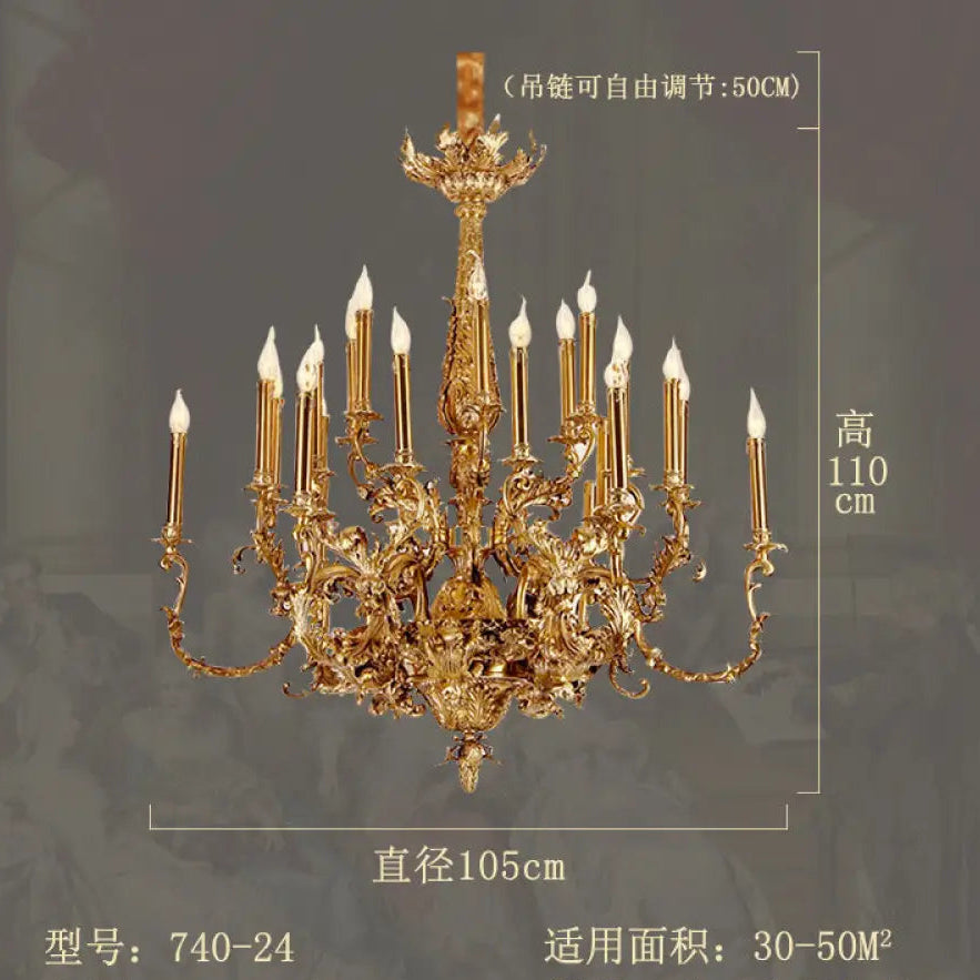 Villa living room chandelier European hotel restaurant copper candle lamp creative personality French duplex building