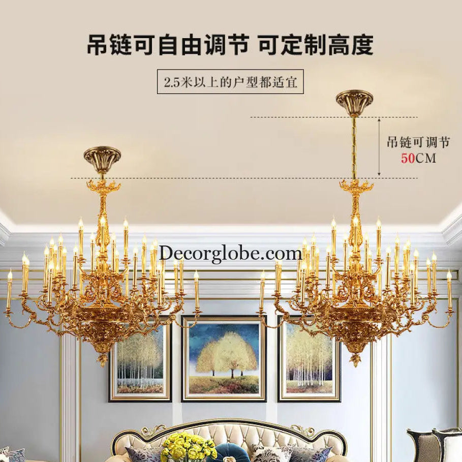 Villa living room chandelier European hotel restaurant copper candle lamp creative personality French duplex building