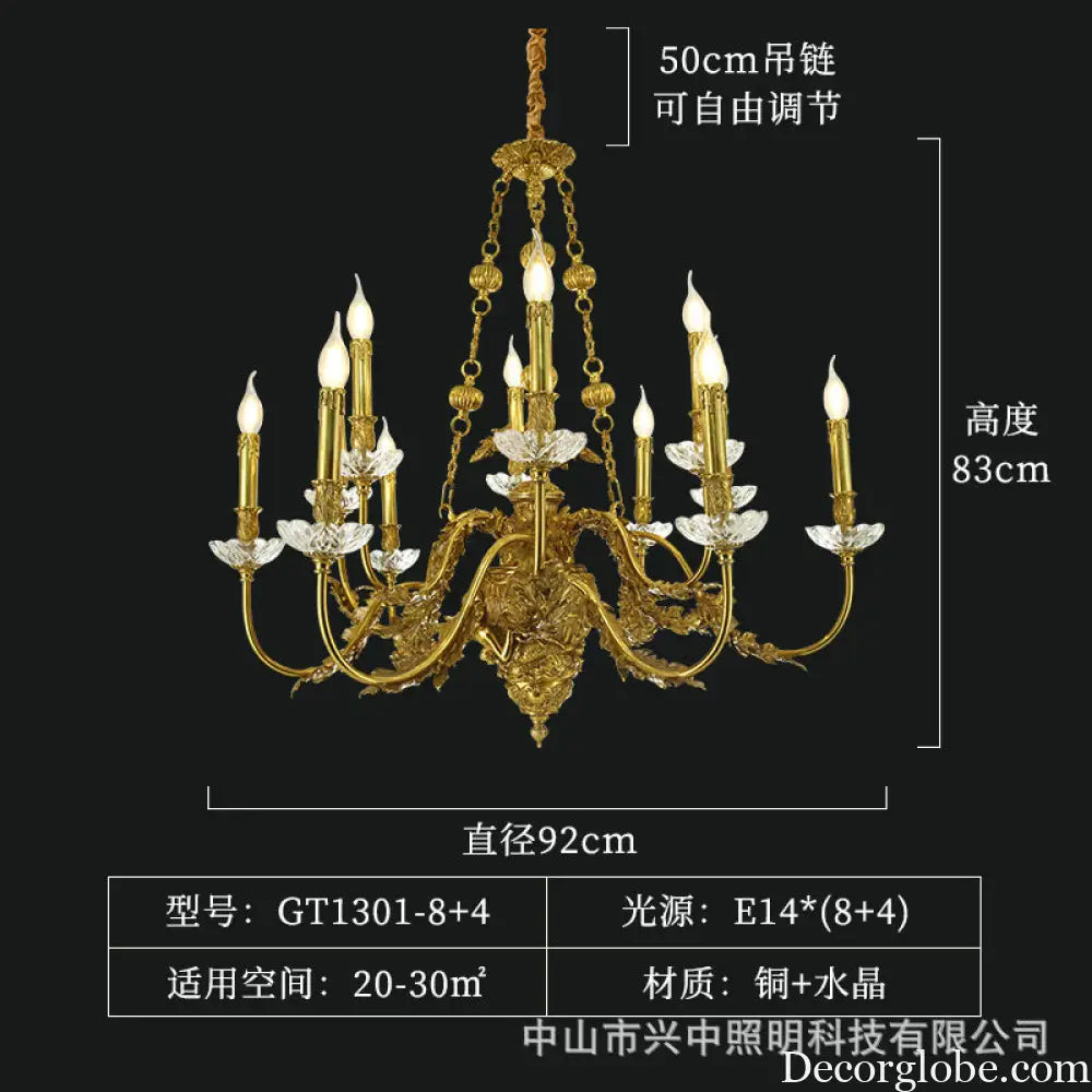 French Light Luxury Crystal Copper Chandelier for Villa Living 8 + 4 heads (diameter 92cm, height 83cm)