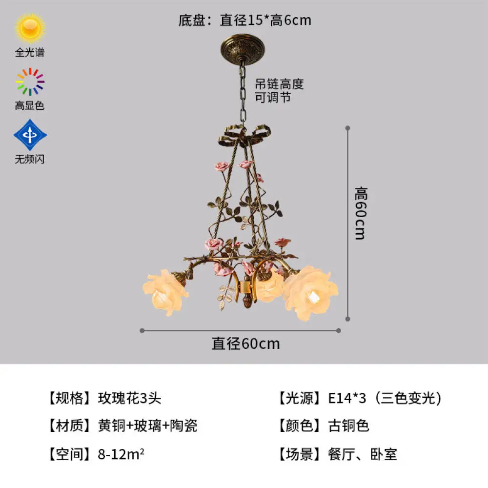 French-Style All-Copper Chandelier with Vintage Design for Living Room Classical Bedroom Romantic Rose Flower Dining