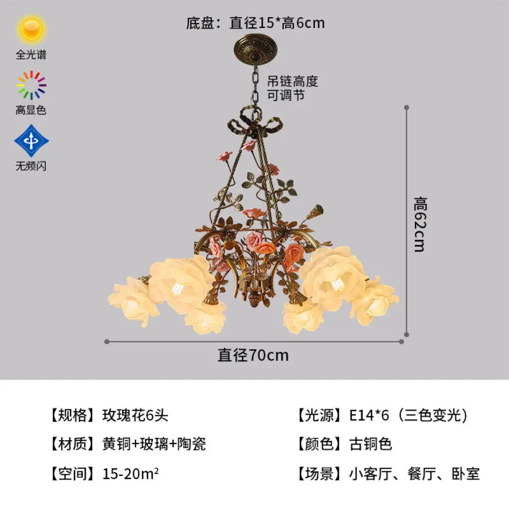 French-Style All-Copper Chandelier with Vintage Design for Living Room Classical Bedroom Romantic Rose Flower Dining