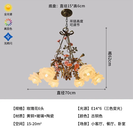 French-Style All-Copper Chandelier with Vintage Design for Living Room Classical Bedroom Romantic Rose Flower Dining