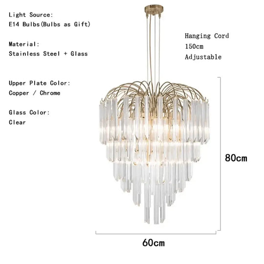 Gianna Italian Crystal Glass Pendant Chandelier – Classic Hanging Light for Staircase & High Ceilings 60cm / Chrome
