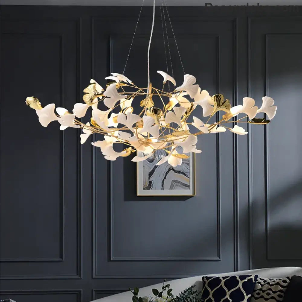 New gold chandelier white ceramic leaf lamp indoor home living room decorative lamp French luxury staircase ceiling lamp - DecorGlobe