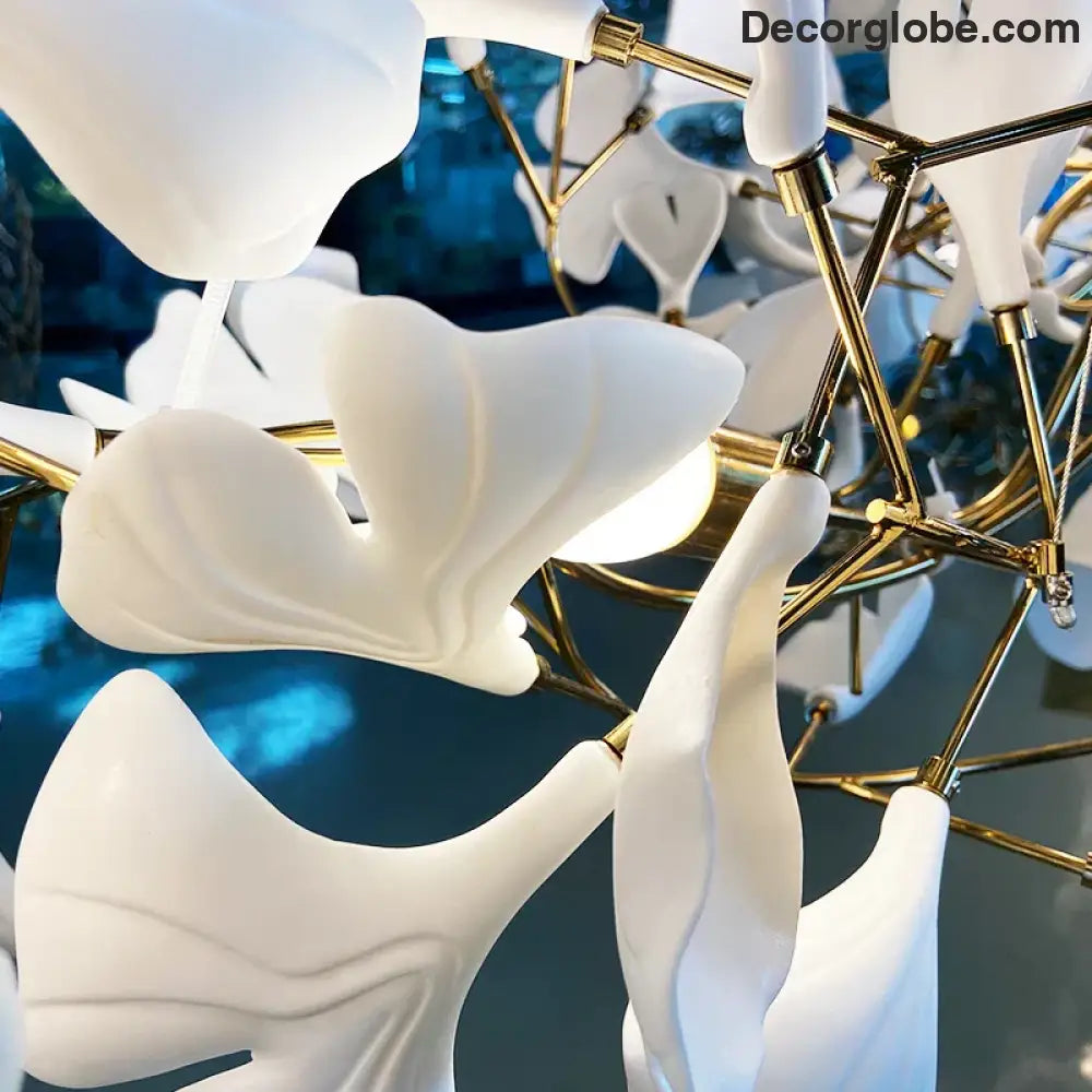 New gold chandelier white ceramic leaf lamp indoor home living room decorative lamp French luxury staircase ceiling lamp - DecorGlobe