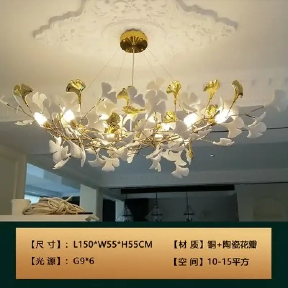 New gold chandelier white ceramic leaf lamp indoor home living room decorative lamp French luxury staircase ceiling lamp - DecorGlobe