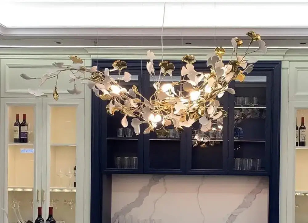 New gold chandelier white ceramic leaf lamp indoor home living room decorative lamp French luxury staircase ceiling lamp - DecorGlobe