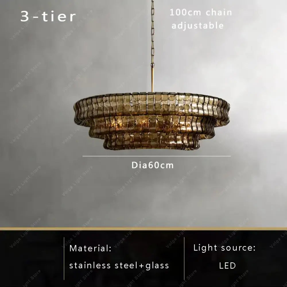Gray Glass Round Ceiling Chandelier 60cm 3-layers / Natural light Chandelier