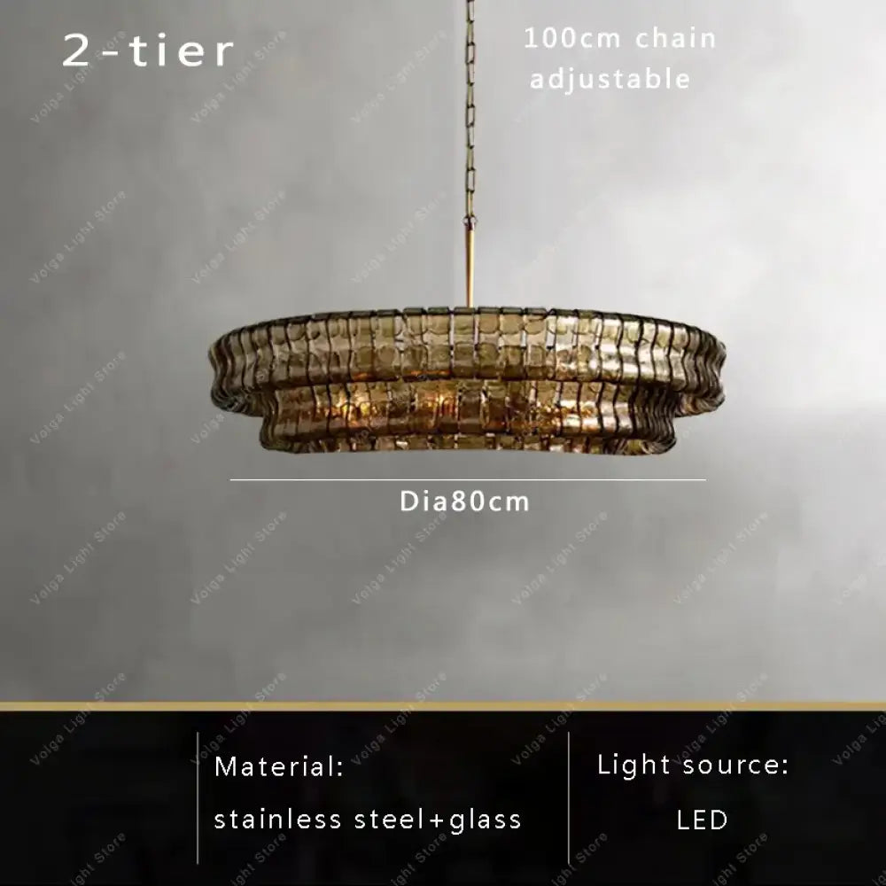 Gray Glass Round Ceiling Chandelier 80cm 2-layers / Warm light Chandelier