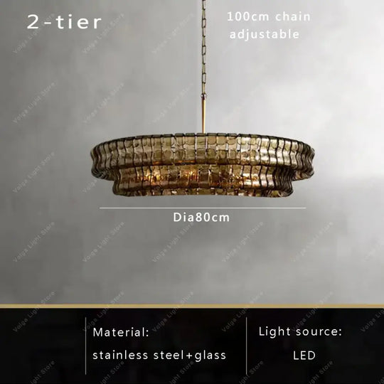 Gray Glass Round Ceiling Chandelier 80cm 2-layers / Warm light Chandelier