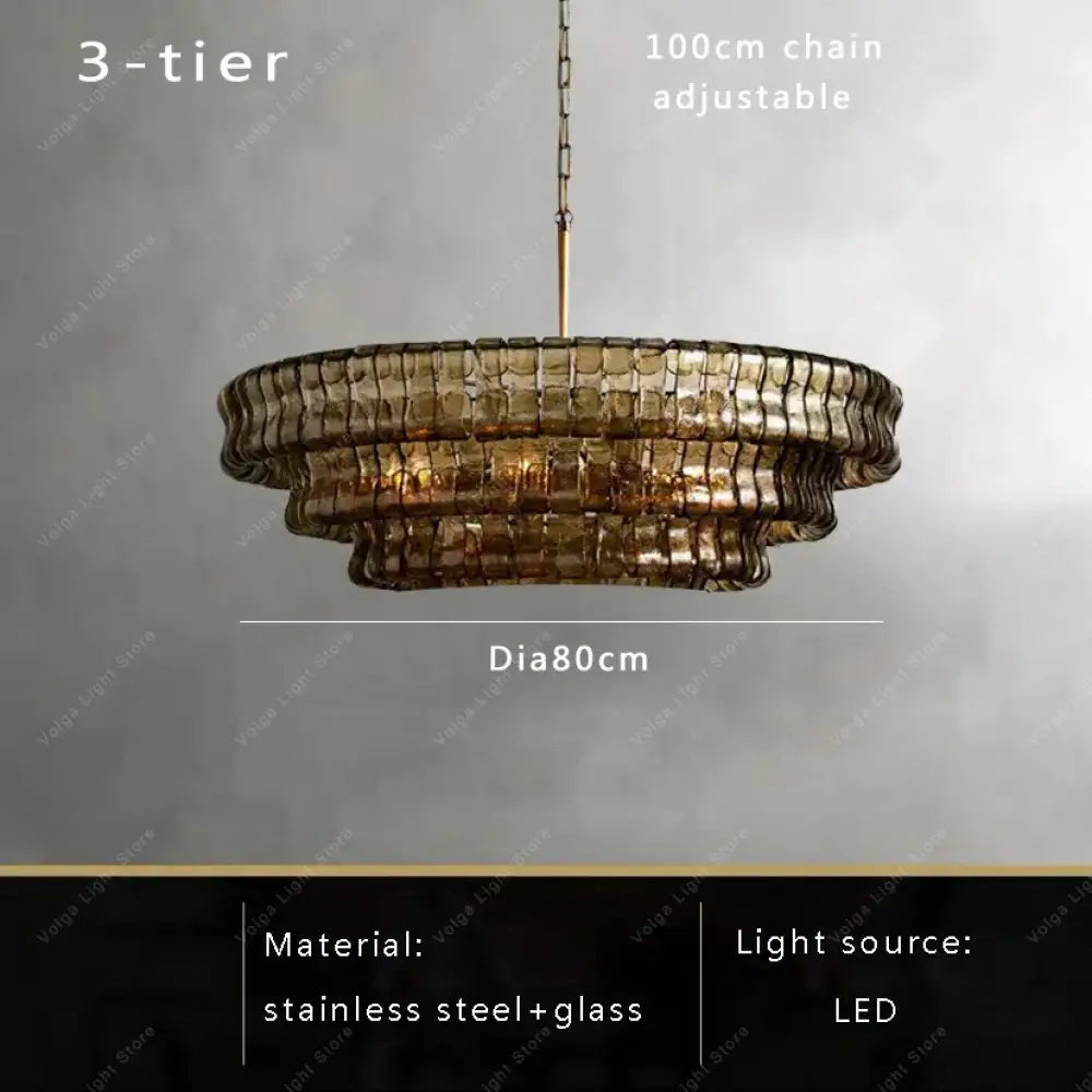 Gray Glass Round Ceiling Chandelier 80cm 3-layers / Natural light Chandelier