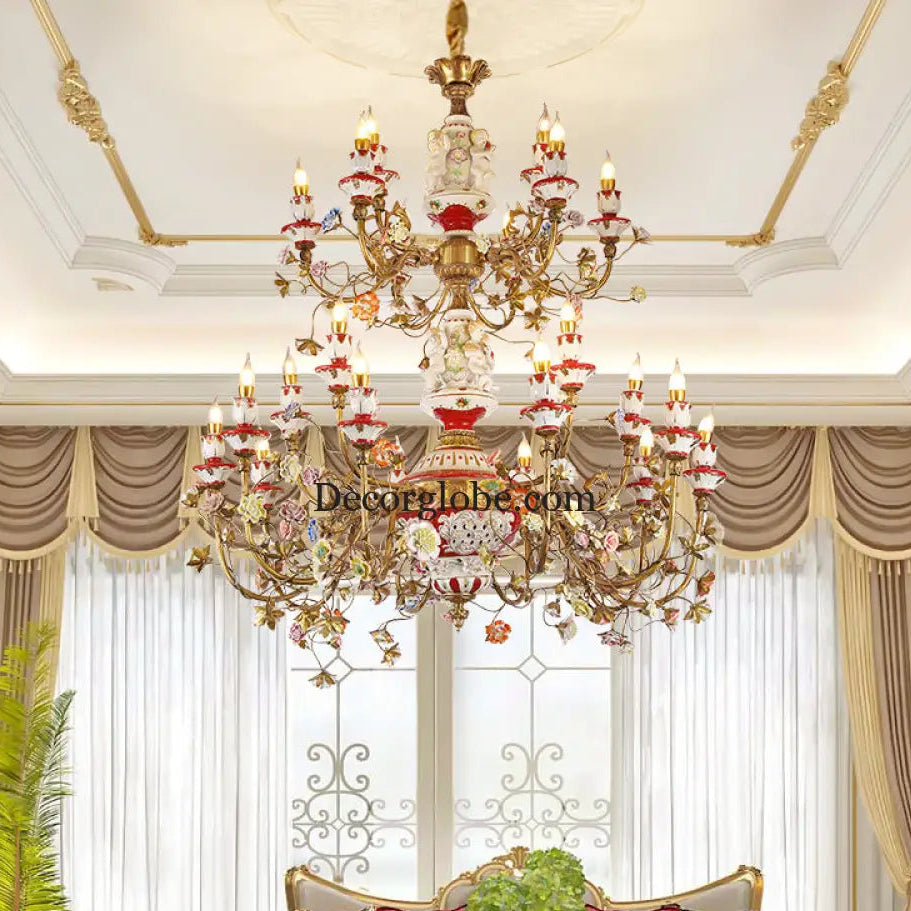 French duplex building copper chandelier European living room lamp luxury atmosphere ceramic villa empty large