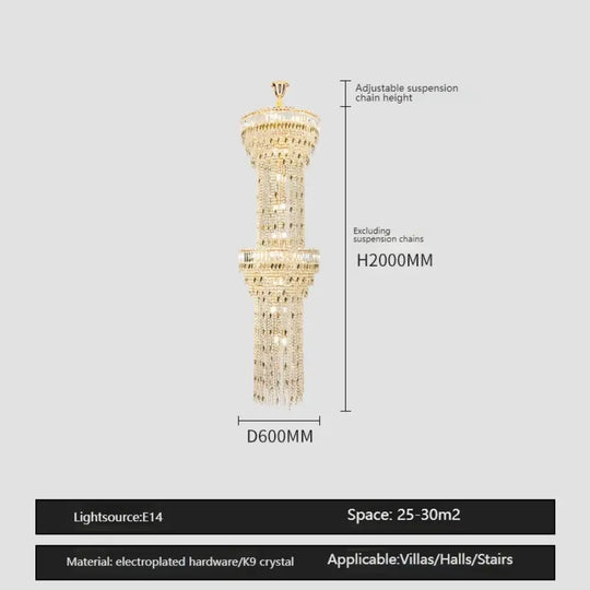 Hollow Spiral Crystal Long Chandelier for Staircase and Living Room 2layersDia60cmH200cm / Neutral light Chandelier