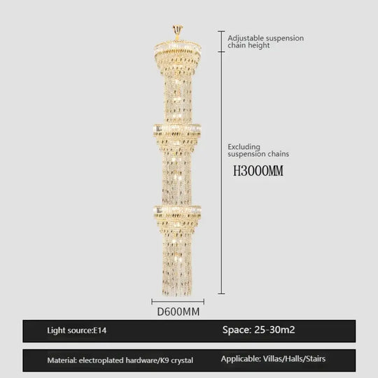 Hollow Spiral Crystal Long Chandelier for Staircase and Living Room 3layersDia60cmH300cm / Neutral light Chandelier