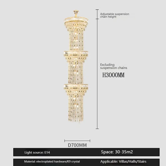 Hollow Spiral Crystal Long Chandelier for Staircase and Living Room 3layersDia70cmH300cm / Neutral light Chandelier