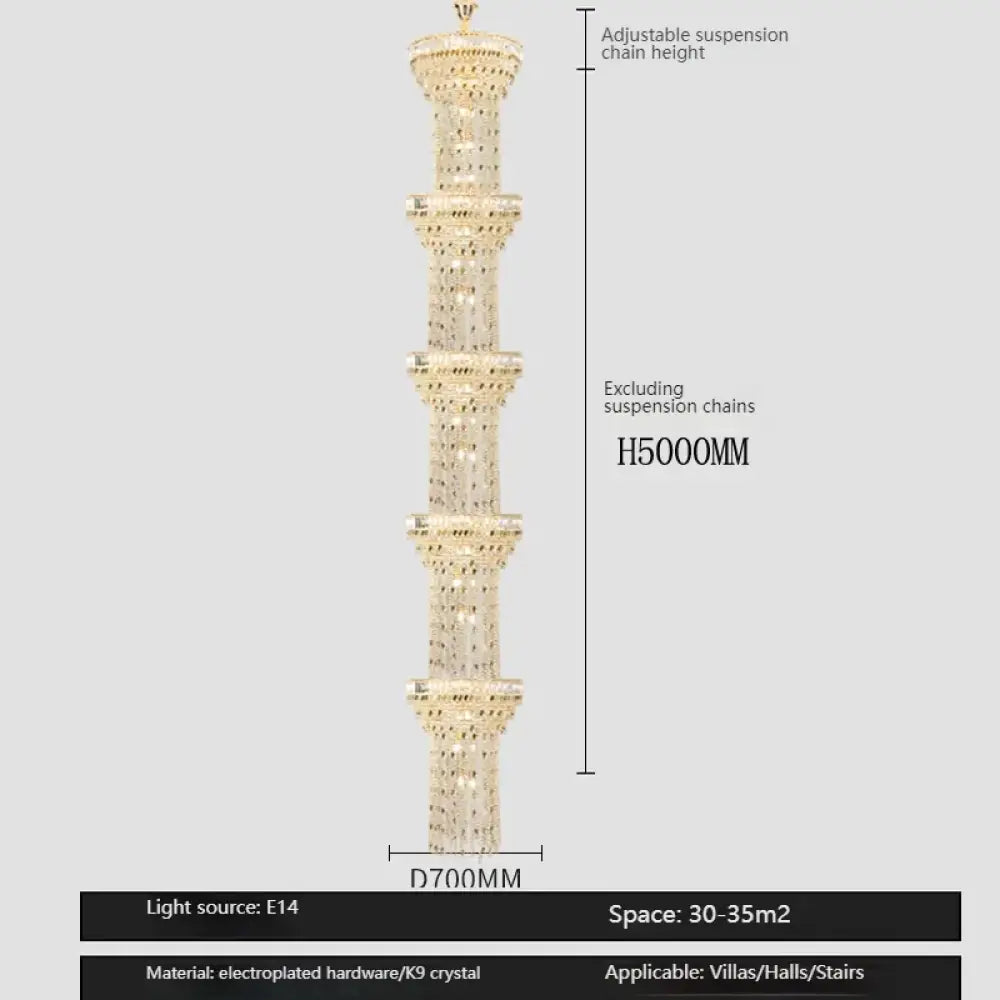 Hollow Spiral Crystal Long Chandelier for Staircase and Living Room 5layersDia70cmH500cm / Neutral light Chandelier