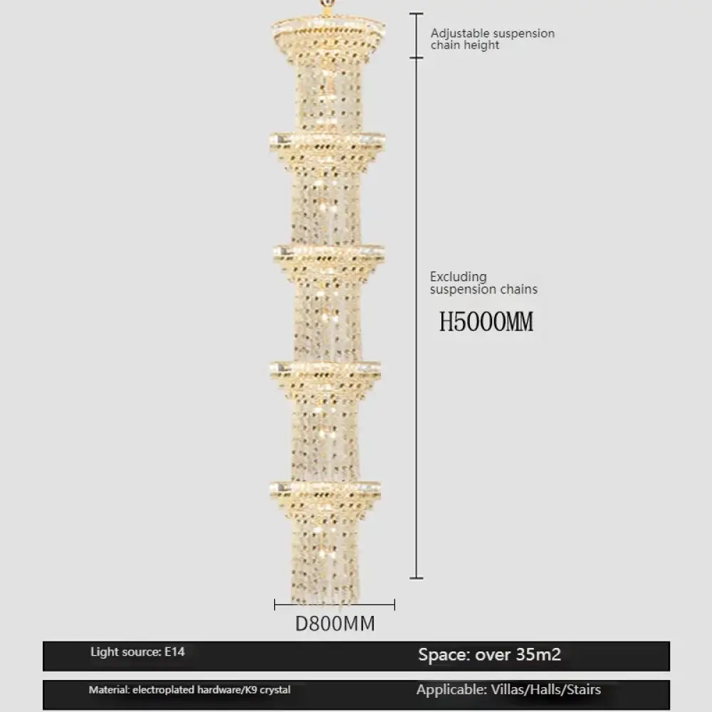 Hollow Spiral Crystal Long Chandelier for Staircase and Living Room 5layersDia80cmH500cm / Neutral light Chandelier