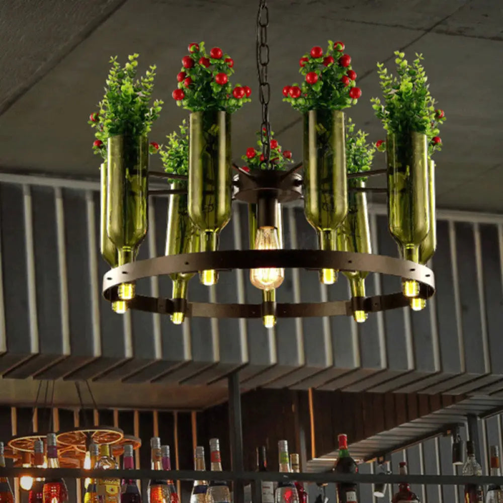 Iron Circular Chandelier Pendant Lamp in Black with Glass Pot and Plant - Restaurant Suspension Lighting Black