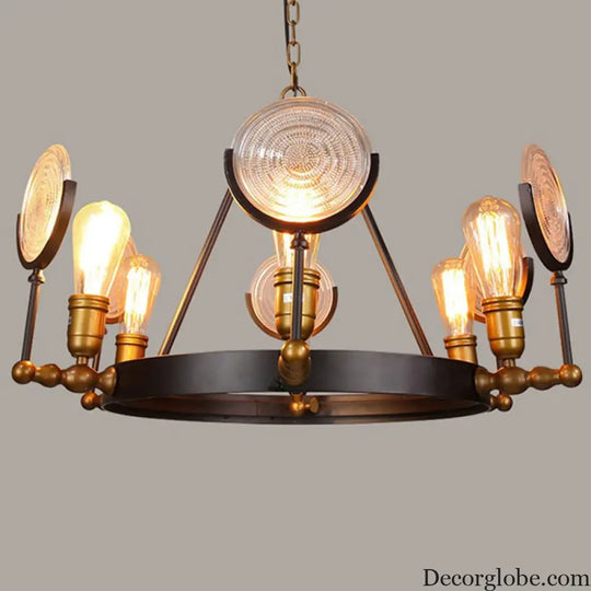 Clear Textured Glass Chandelier: Round Industrial Pendant Lighting - 6/8 Light | Brass Finish for Dining Room