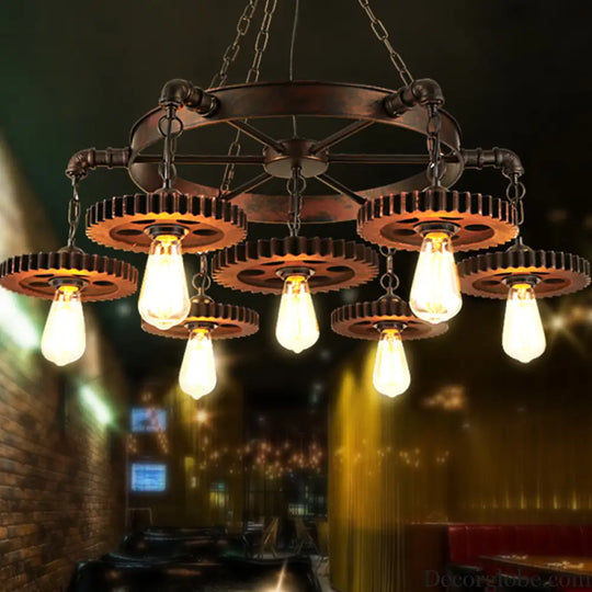 Vintage Copper Chandelier with 7 Lights - Retro Industrial Pendant Lamp in Gear Shape Weathered Copper