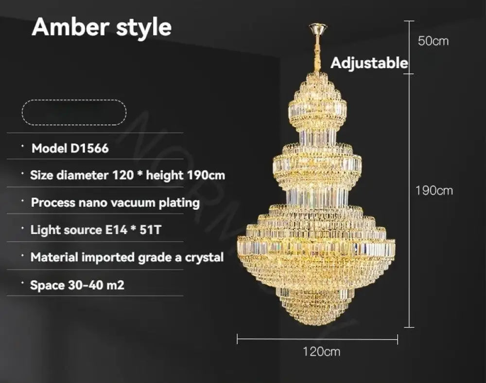 Luxury Hollow Crystal Pendant Chandelier for Villa and Hotel Lobby Amber D120XH190CM / Warm light Chandelier