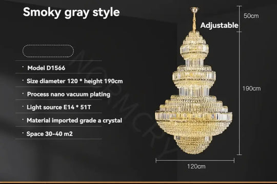 Luxury Hollow Crystal Pendant Chandelier for Villa and Hotel Lobby Smoky D120XH190CM / Warm light Chandelier