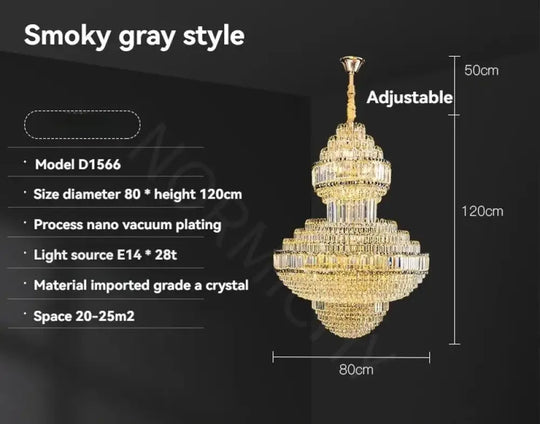 Luxury Hollow Crystal Pendant Chandelier for Villa and Hotel Lobby Smoky D80XH120CM / Warm light Chandelier