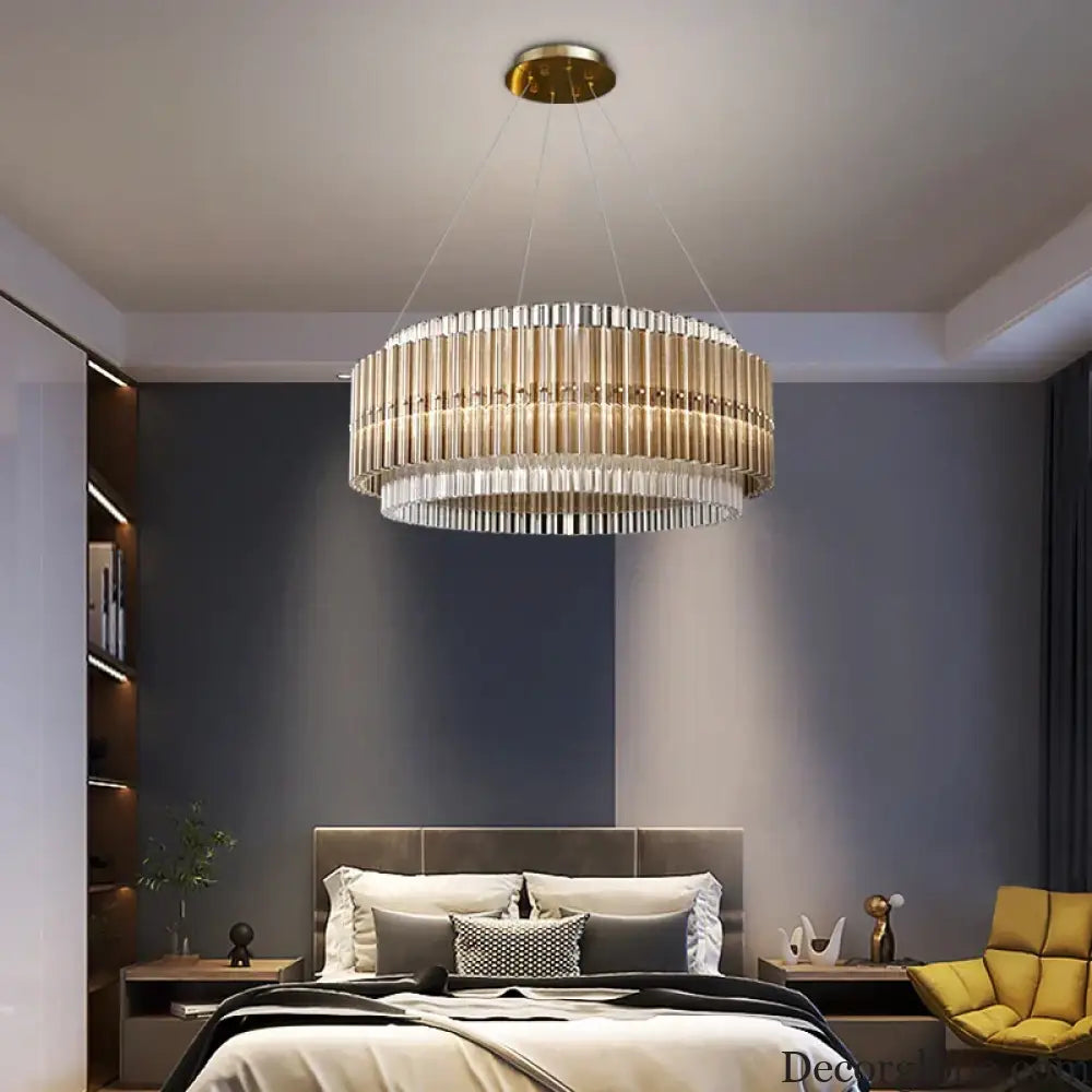 Luxury LED Chandelier for Living Room - Modern Round Glass Hanging Lamp in Gold - DecorGlobe