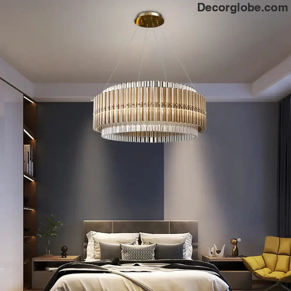 Luxury LED Chandelier for Living Room - Modern Round Glass Hanging Lamp in Gold - DecorGlobe