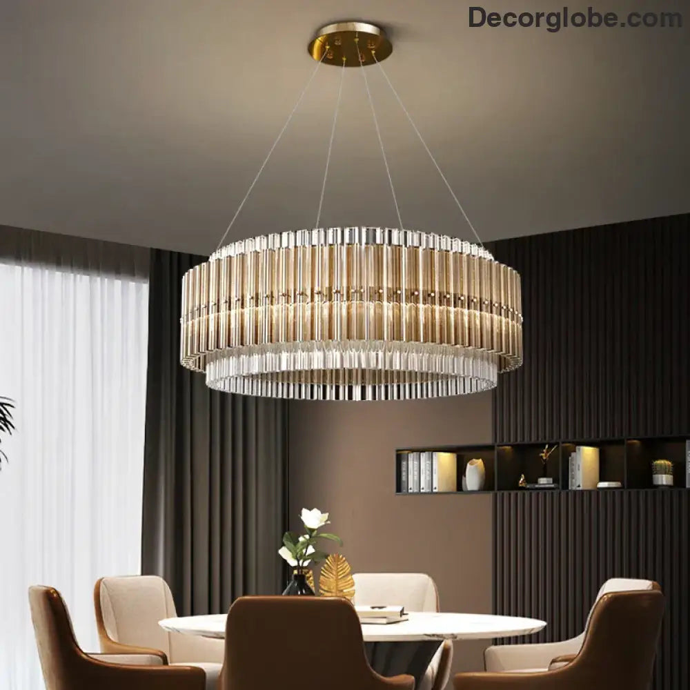 Luxury LED Chandelier for Living Room - Modern Round Glass Hanging Lamp in Gold - DecorGlobe