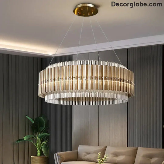 Luxury LED Chandelier for Living Room - Modern Round Glass Hanging Lamp in Gold - DecorGlobe