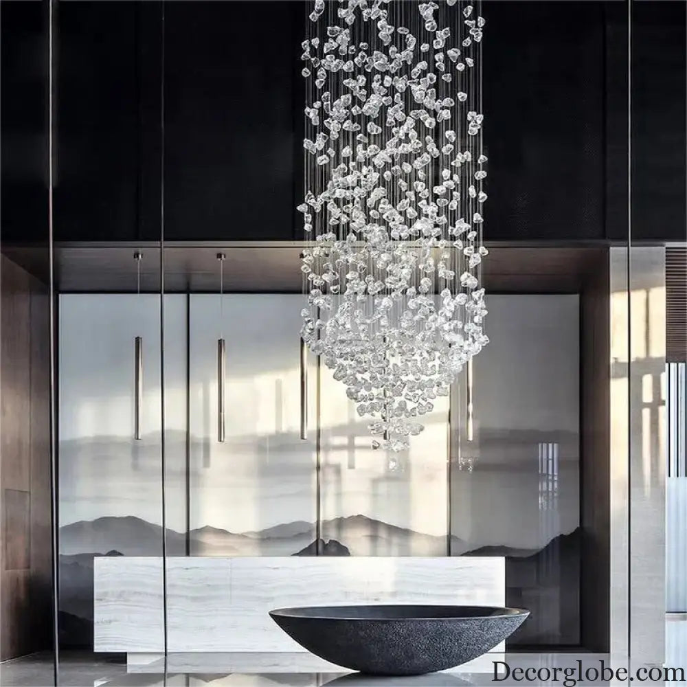 Luxury Stone Crystal Stair Chandelier - LED Lighting Fixture for Large Living Rooms, Home Decor, Hallways, and Lobby Elegance - DecorGlobe